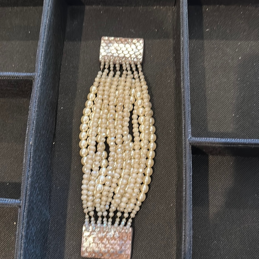 Millianna Pearl and bead bracelet with snake embossed cuff detailing.